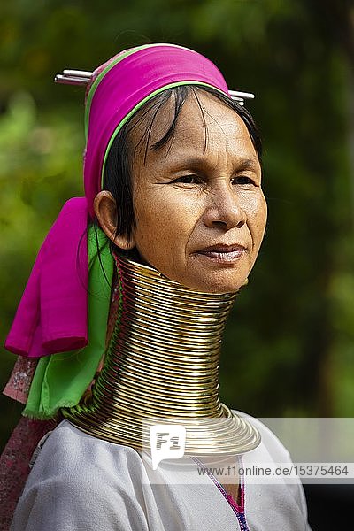 Langhalsige Frau mit Halsringen aus Messing  Porträt  Frau vom Stamm der Padaung  Bergstämme  Provinz Chiang Rai  Nordthailand  Thailand  Asien