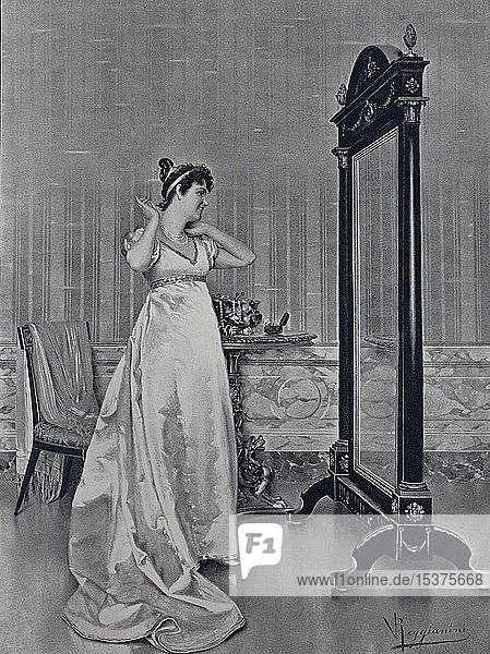 Frau probiert zu Hause vor dem Spiegel eine neue Halskette an  1895  historische Illustration  Deutschland  Europa