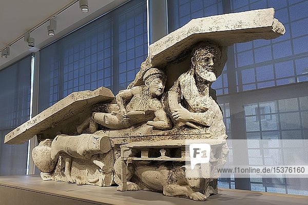 Fragment of a gable of a Greek temple with mythological figures  Dionysus and Oinopion  510 B.C.  Archaeological Museum  Corfu City  Corfu Island  Ionian Islands  Greece  Europe