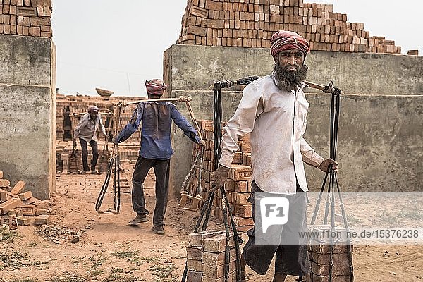 Arbeiter einer Ziegelei transportiert Ziegelsteine  Dhaka  Bangalladesh