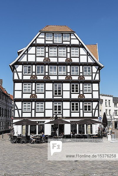 Historic half-timbered houses with gastronomy on the market square  Soest  North Rhine-Westphalia  Germany  Europe