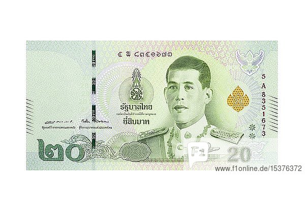 Thailändischer Zwanzig-Baht-Schein  Banknote  weißer Hintergrund  Thailand  Asien