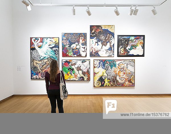Besucher betrachtet moderne Gemälde  Ausstellungsraum im Stedelijk Museum of Modern Art  Amsterdam  Niederlande