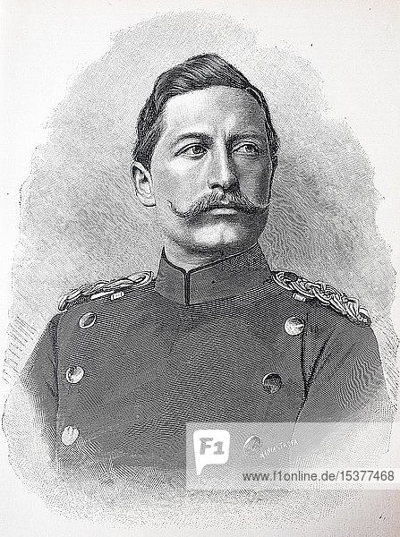 Kaiser Wilhelm II.  1859 bis 1941  1889  historischer Holzschnitt  Deutschland  Europa