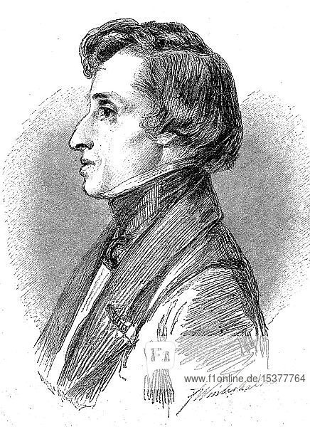 Frederic François Chopin  1810-1849  polnischer Komponist und virtuoser Pianist der Romantik  1880  historischer Holzschnitt  Deutschland  Europa