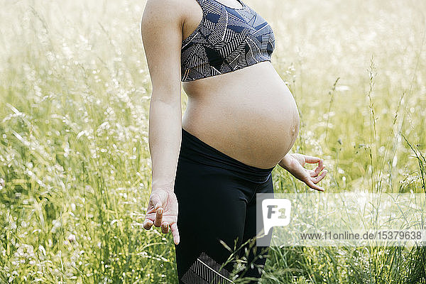 Junge schwangere Frau macht Yoga-Übungen in der Natur auf einer grünen Wiese