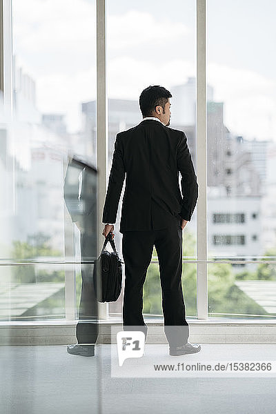Rear view of young businessman looking out of window