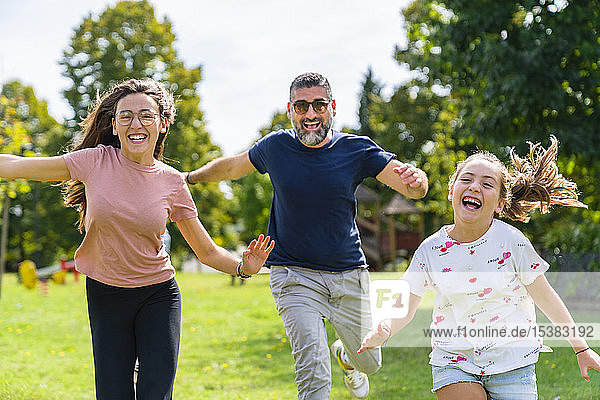 Carefree father with two daughters running on a meadow