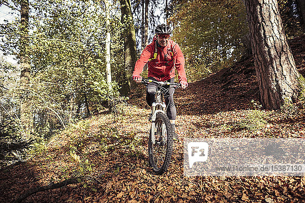 Man riding mountainbike on forest track