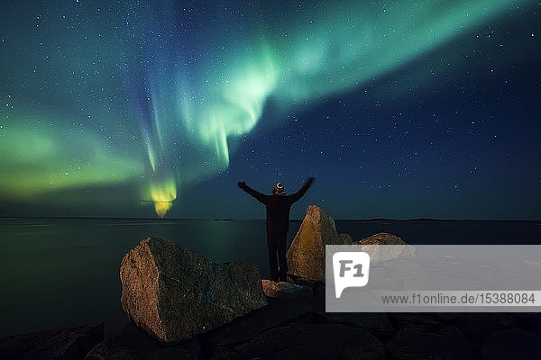 Norway  Lofoten Islands  Eggum  back view of man standing on rock admiring Northern lights