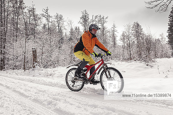 Man riding mountainbike on path in winter forest