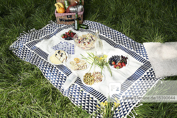 Gesunde Picknick-Snacks auf einer Decke im Gras