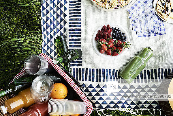 Top view of healthy picnic snacks on a blanket