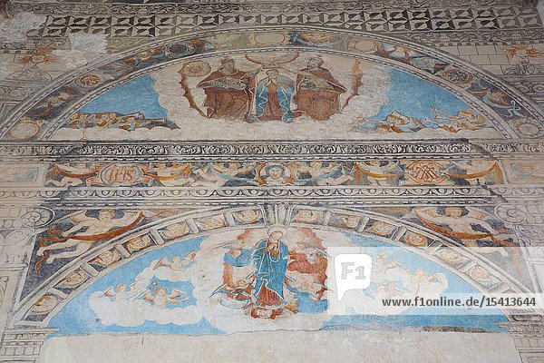 Assumption of Mary Coronation of the Virgin (top) Frescoes Church of Santa Clara Dzidzantun Yucatan Mexico