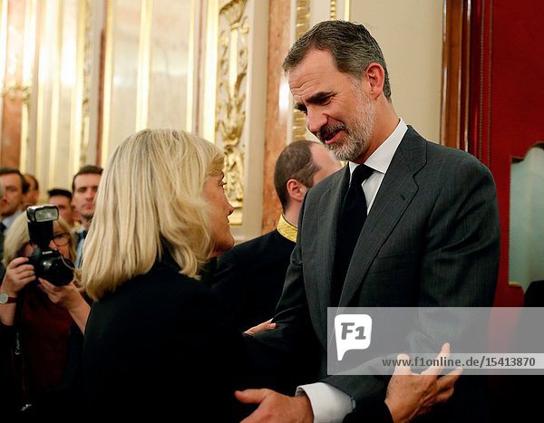 King Felipe VI of Spain Queen Letizia of Spain attends Alfredo Perez Rubalcaba Funeral Chapel In Madrid at Congreso de los Diputados on May 10 2019 in Madrid Spain