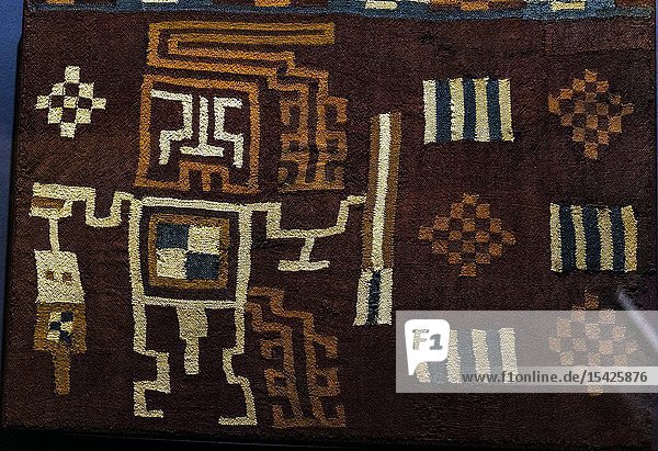 Pre-Columbian Peruvian textile Sihuas culture (500 BC to 650 AC). Lima Art Museum Lima Peru..
