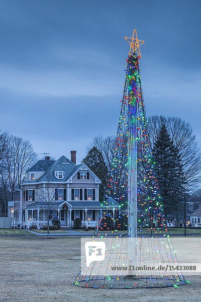 USA New England Massachusetts Rowley village Christmas tree decorations.