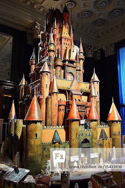 A tall gingerbread castle in the St Francis lobby San Francisco.