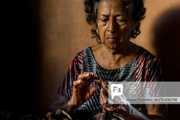 Laura Peña a 67-years-old Salvadoran woman applies glue on the top of a handmade cigar in her house in Suchitoto El Salvador 30 November 2018. Hand rolled cigars have always been smoked or used for religious purposes in El Salvador. However nowadays due to the low profitability and general unpopularity of tobacco the art of cigar hand rolling has practically vanished. Although Mrs. Peña has been rolling cigars for about 60 years she claims to never smoke one. Selling a pack of 25 cigars (â.purosâ.) for 5 USD she remains the last cigar roller in Suchitoto.