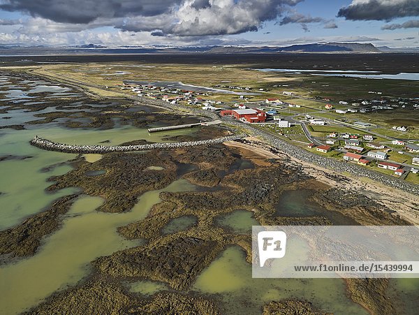 Coastline Sellfoss South Coast Iceland. This image is shot from a helicopter. Eyrarbakki small village South Coast Iceland.