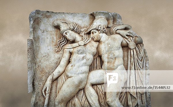 Roman Sebasteion relief sculpture of Achilles and a dying Amazon  Aphrodisias Museum  Aphrodisias  Turkey. Against an art background.Achilles supports the dying Amazon queen Penthesilea whom he has mortally wounded. Her double headed axe slips from her hands. The queen had come to fight against the Greeks in the Trojan war and Achilles fell in love with her.