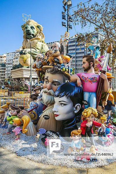 Fallas festival. Parade. Falleras women in traditional dress. Valencia. Valencian Community. Spain.