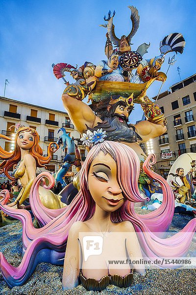 Fallas festival. Falla. Ninots figures to be burnt during fallas festival. Valencia. Valencian Community. Spain.