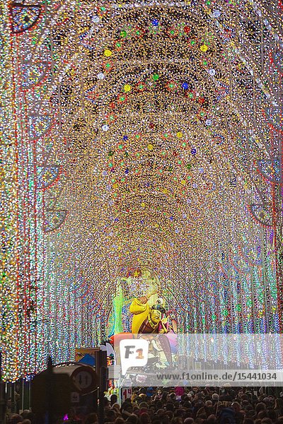 Fallas festival. Illuminated street. Cuba street and Literato Azorin street. Valencia. Valencian Community. Spain.