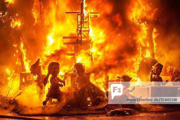 Fallas festival. La Crema. The Burning. On 19 March all of the sculptures go up in flames. Burning in the St Joseph night. Valencia. Valencian Community. Spain.