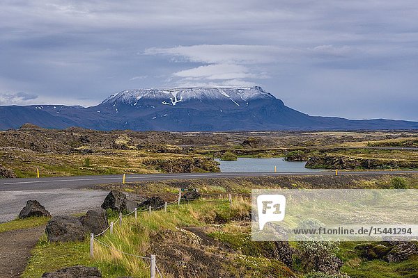Landscape of Myvatn Lake area near Reykjahlid village in Iceland view with Blafjall mount on background.