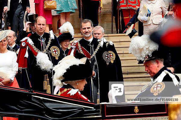 King Felipe VI of Spain Charles Prince of Wales Queen Elizabeth II of the United Kingdom of Great Britain and Northern Ireland attends Order of the Garter service at St George's Chapel on June 17 2019 in Windsor United Kingdom