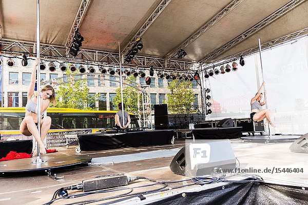 Kiel Germany - June 25th 2019: The Pole-dance Kiel Academy ist dancing to film music from Money Heist during 125th Kiel Week