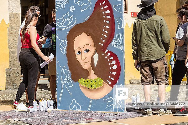 Las Palmas Gran Canaria Canary Islands Spain. 11th February 2019. Students and graffiti artists in Las Palmas pay tribute to famous female scientists on International Day of Women and Girls in Science. This year`s theme is 'Investment in Women and Girls in Science for Inclusive Green Growth'. PICTURED: Maria Sibylla Merian( 1647 â. “ 1717) was a German born Naturalist Entymologist and a Botanical Illustrator: rated as being one of the greatest ever botanical artists.