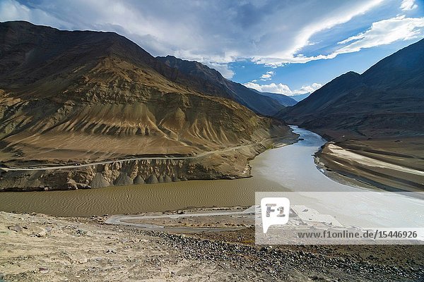 Sangam Indus and Zanskar river confluence Ladakh India.