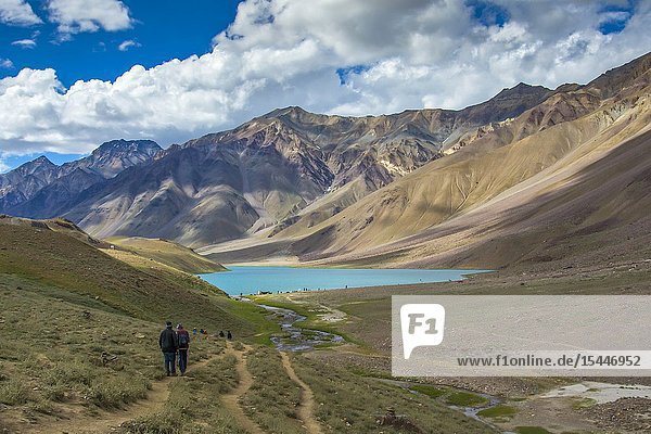SPITI INDIA July 2016 Trekkers at Chandra Taal or Chandra Tal lake.