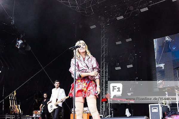 Kiel Germany - June 25th 2019: Electropop music group 'MIA' from Berlin is performing on the Rathaus Stage during the 125th Kiel Week