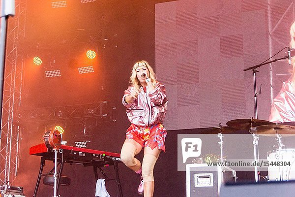 Kiel, Germany - June 25th 2019: Electropop music group 'MIA' from Berlin is performing on the Rathaus Stage during the 125th Kiel Week