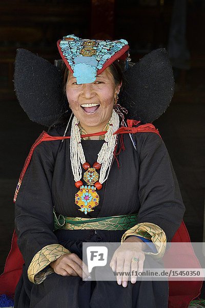 India Jammu & Kashmir Ladakh Hemis Shukpachan Young lady wearing the perak or traditional headdress.