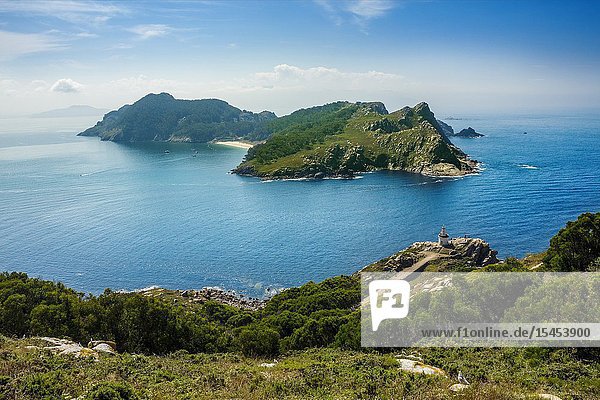 View of San Martiño Island from O Faro Island. Cies Islands. Atlantic Islands of Galicia National Park. Vigo estuary. Rias Baixas. Pontevedra province. Galicia. Spain.