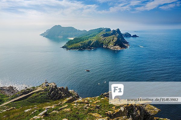 View of San Martiño Island from O Faro Island. Cies Islands. Atlantic Islands of Galicia National Park. Vigo estuary. Rias Baixas. Pontevedra province. Galicia. Spain.