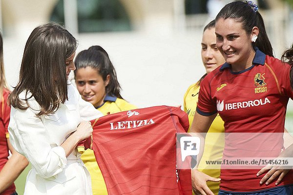 Queen Letizia of Spain assists to the training of the ‘National Women's Rugby Team 7’ participating in the next pre-Olympic tournament at Rugby Stadium of the Complutense University on July 4 2019 in Madrid Spain