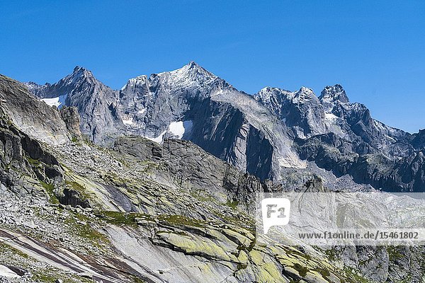 Clear sky over Punta Rasica and Pizzi Torrone Val Masino Valtellina Sondrio province Lombardy Italy.