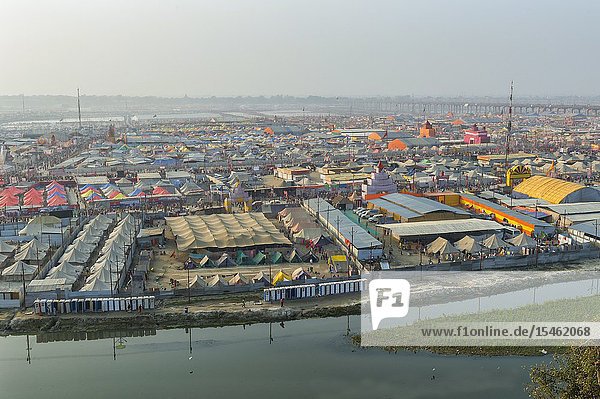 Evening view of the Allahabad Kumbh Mela, World’s largest religious gathering, Uttar Pradesh, India.