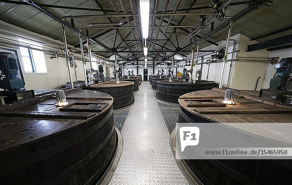 Tun Room at Lagavulin Distillery on island of Islay in Inner Hebrides of Scotland UK.
