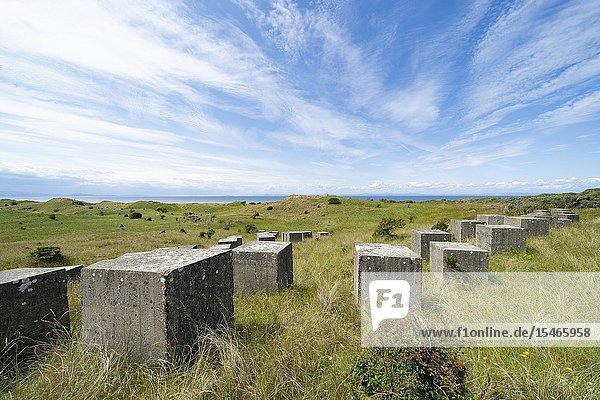 Aerial view of Second World War era anti-tank blocks at Gullane Sands in East Lothian Scotland UK.