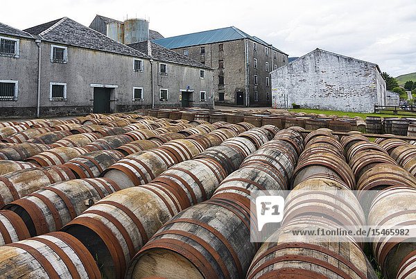 View of whisky barrels at Bunnahabhain Distillery on island of Islay in Inner Hebrides of Scotland UK.