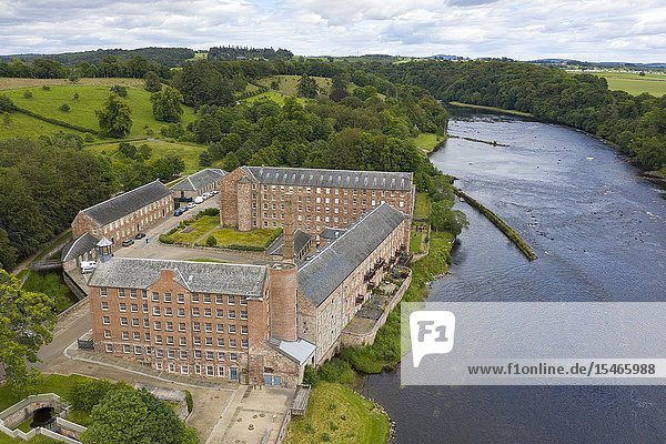 Aerial view of historic preserved Stanley Mills former cotton mills factory situated next to River Tay in Stanley Perthshire Scotland UK.
