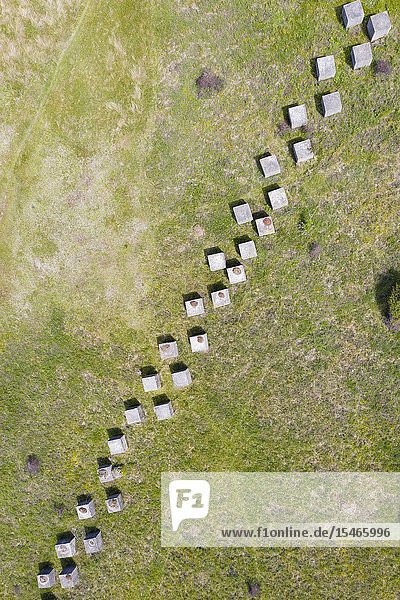 Aerial view of Second World War era anti-tank blocks at Gullane Sands in East Lothian Scotland UK.