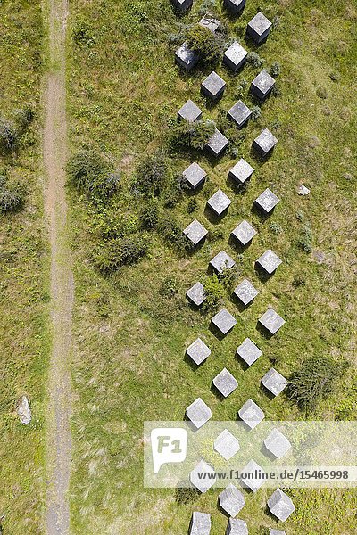 Aerial view of Second World War era anti-tank blocks at Gullane Sands in East Lothian Scotland UK.
