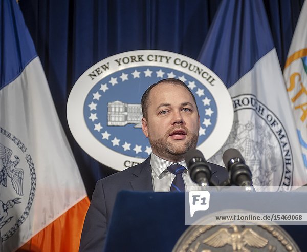 New York City Council Speaker and Acting Public Advocate Corey Johnson and members of the New York City Council hold a news conference on Wednesday February 13 2019 in the Red Room of New York City Hall. Besides speaking about pending legislation Johnson spoke about allegedly homophobic remarks made by Council Member Ruben Diaz Sr. and the Speaker's plan to dissolve the FHV Committee of which Diaz is the chairman. (© Richard B. Levine).